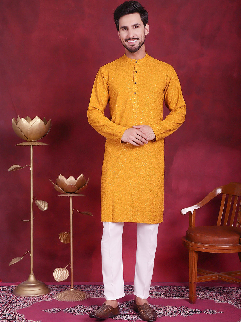 Jompers Men's Sequins Chikankari Kurta with Pyjama - Mustard