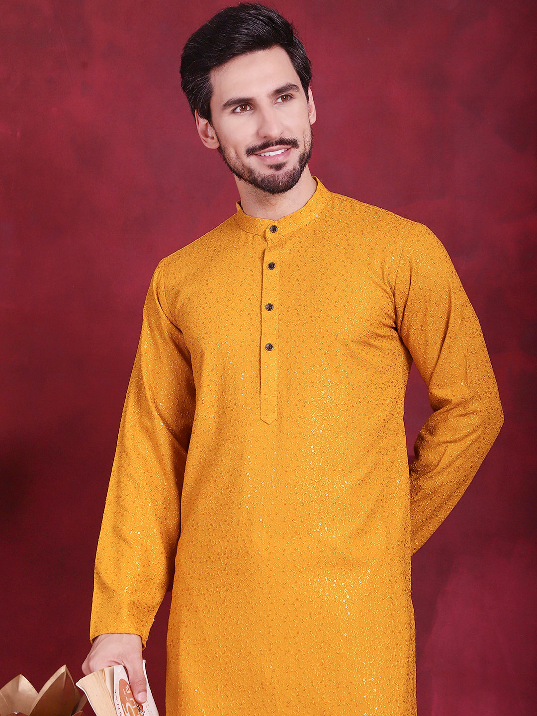 Jompers Men's Sequins Chikankari Kurta with Pyjama - Mustard
