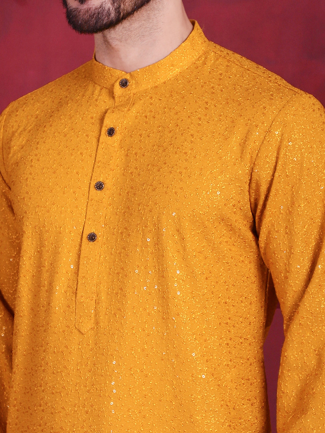 Jompers Men's Sequins Chikankari Kurta with Pyjama - Mustard