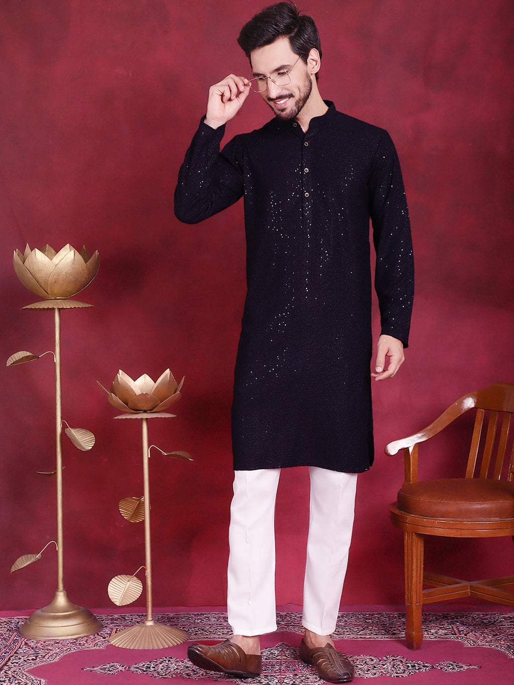 Jompers Men's Sequins Chikankari Kurta with Pyjama - Navy Blue