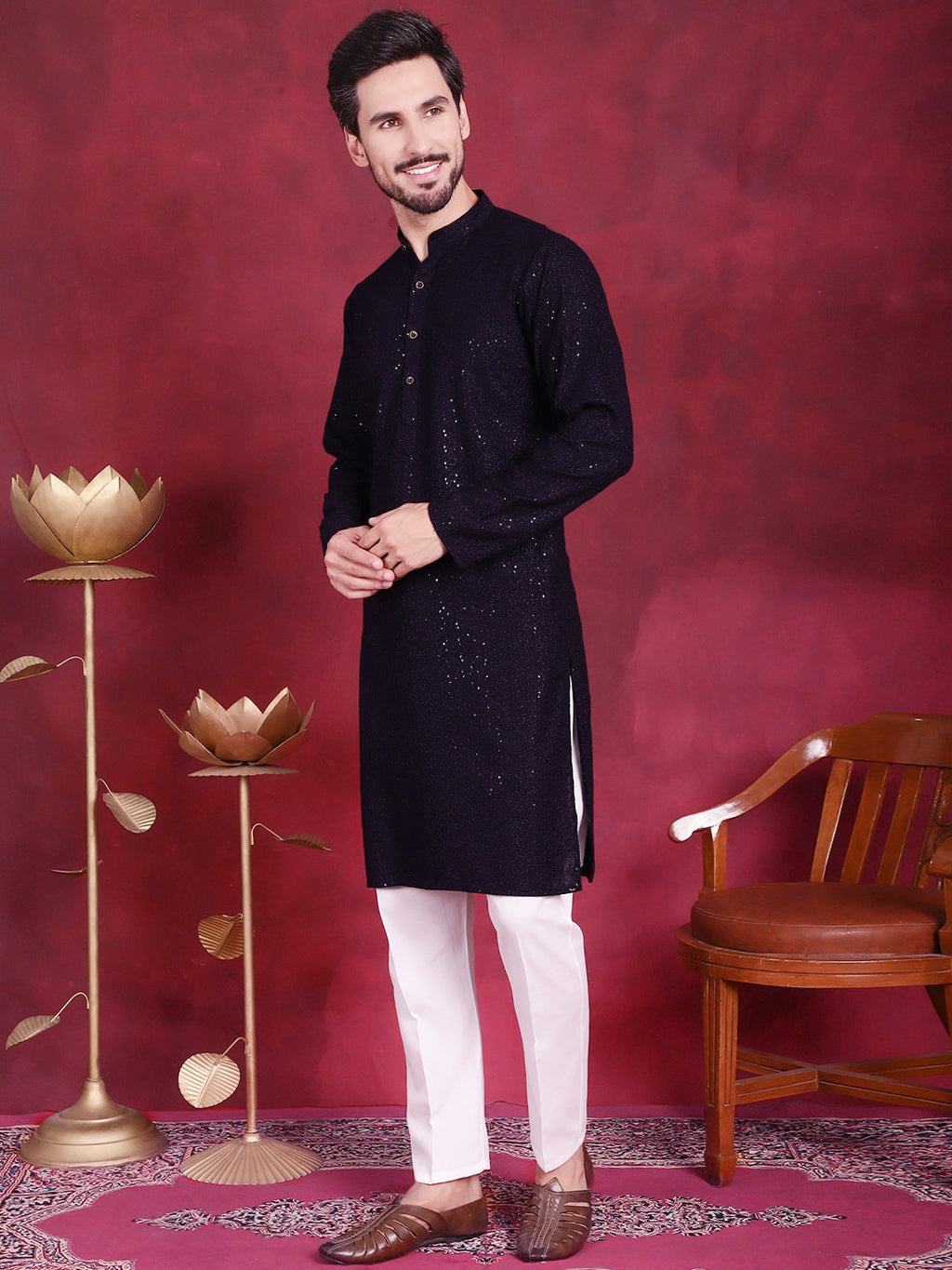 Jompers Men's Sequins Chikankari Kurta with Pyjama - Navy Blue