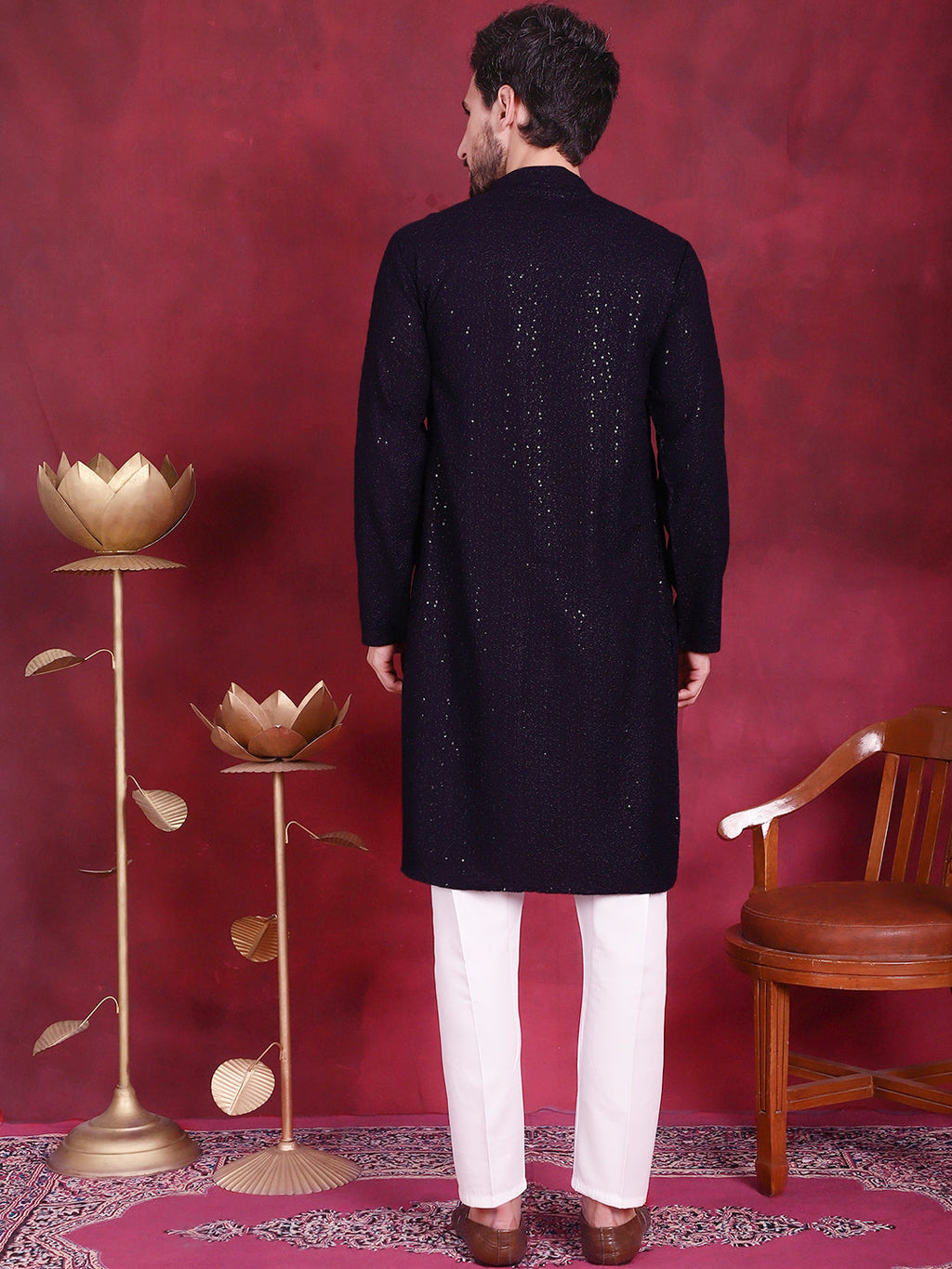 Jompers Men's Sequins Chikankari Kurta with Pyjama - Navy Blue