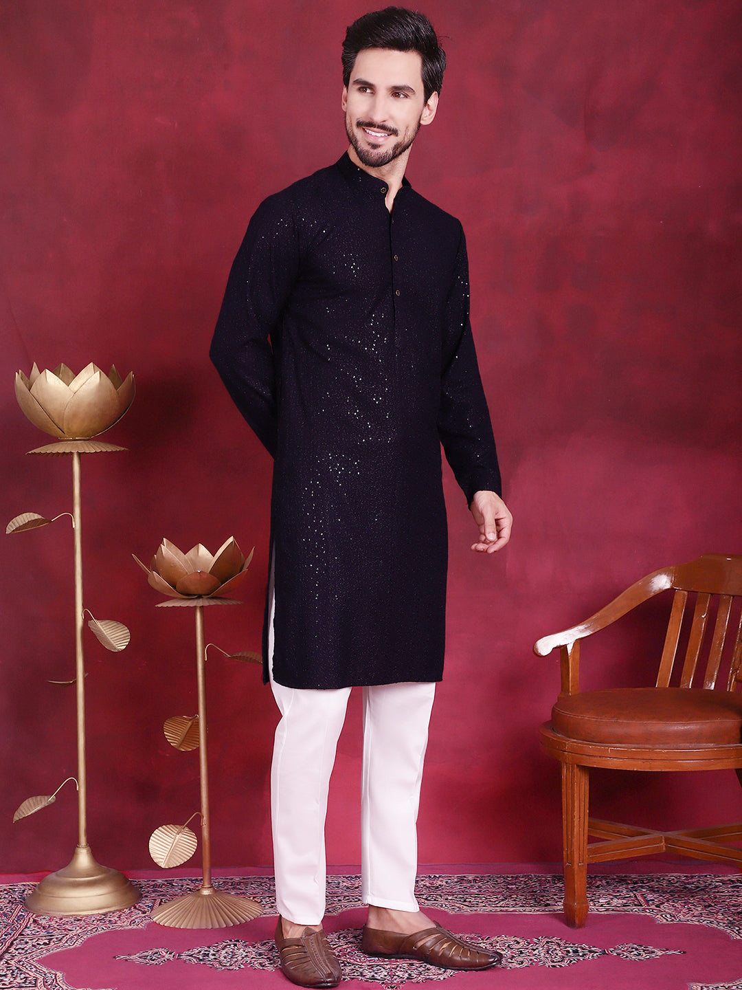 Jompers Men's Sequins Chikankari Kurta with Pyjama - Navy Blue