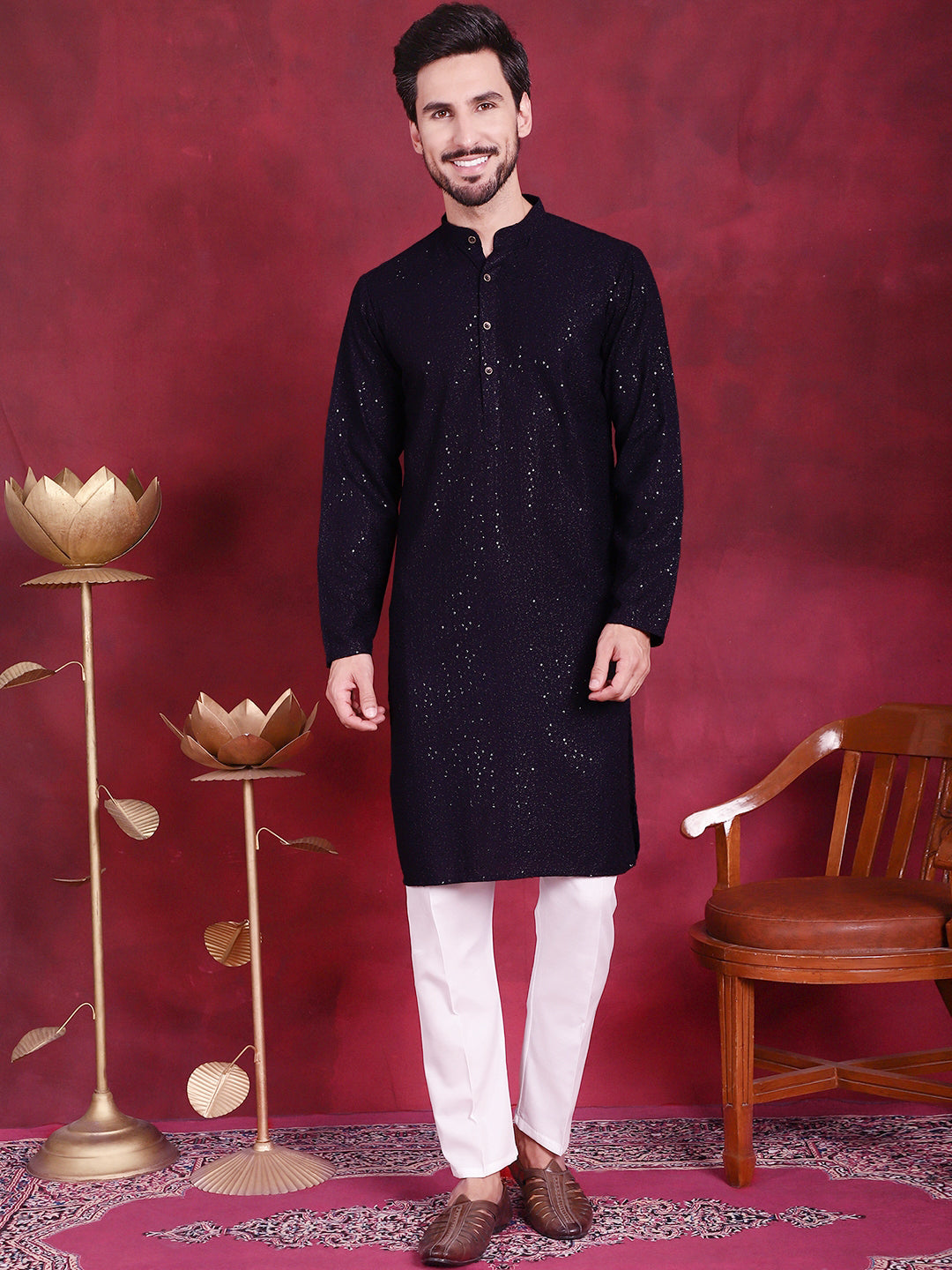 Jompers Men's Sequins Chikankari Kurta with Pyjama - Navy Blue