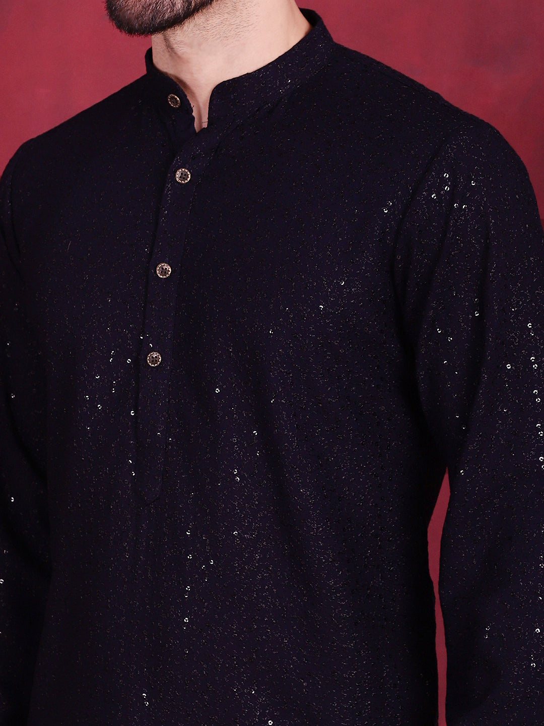 Jompers Men's Sequins Chikankari Kurta with Pyjama - Navy Blue