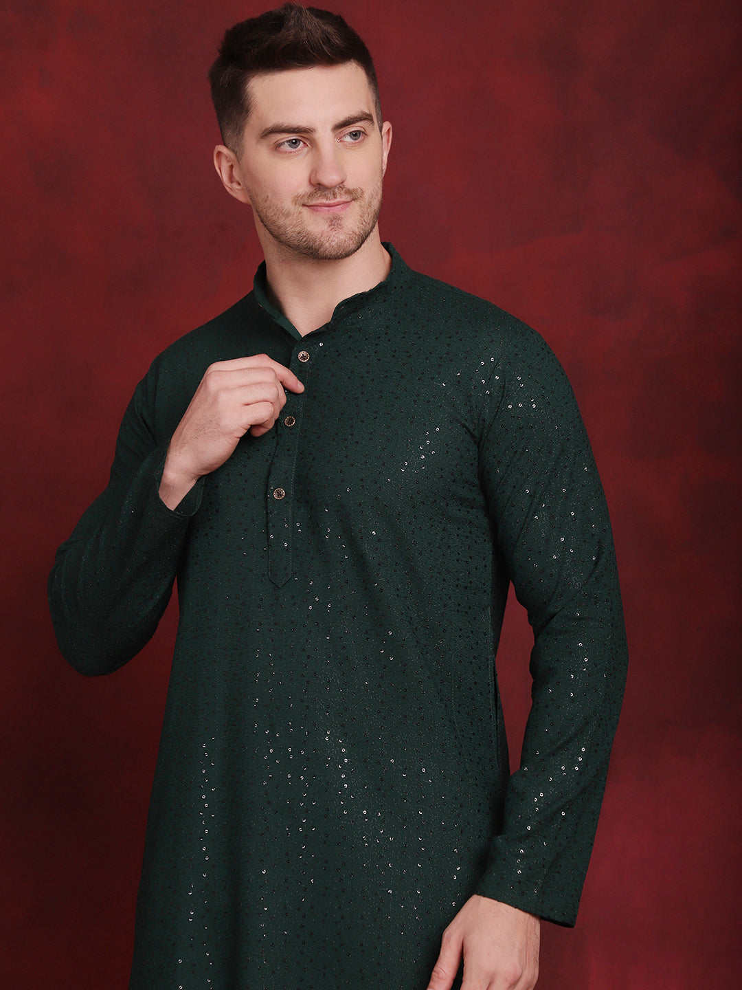 Jompers Men's Sequins Chikankari Kurta with Pyjama - Olive