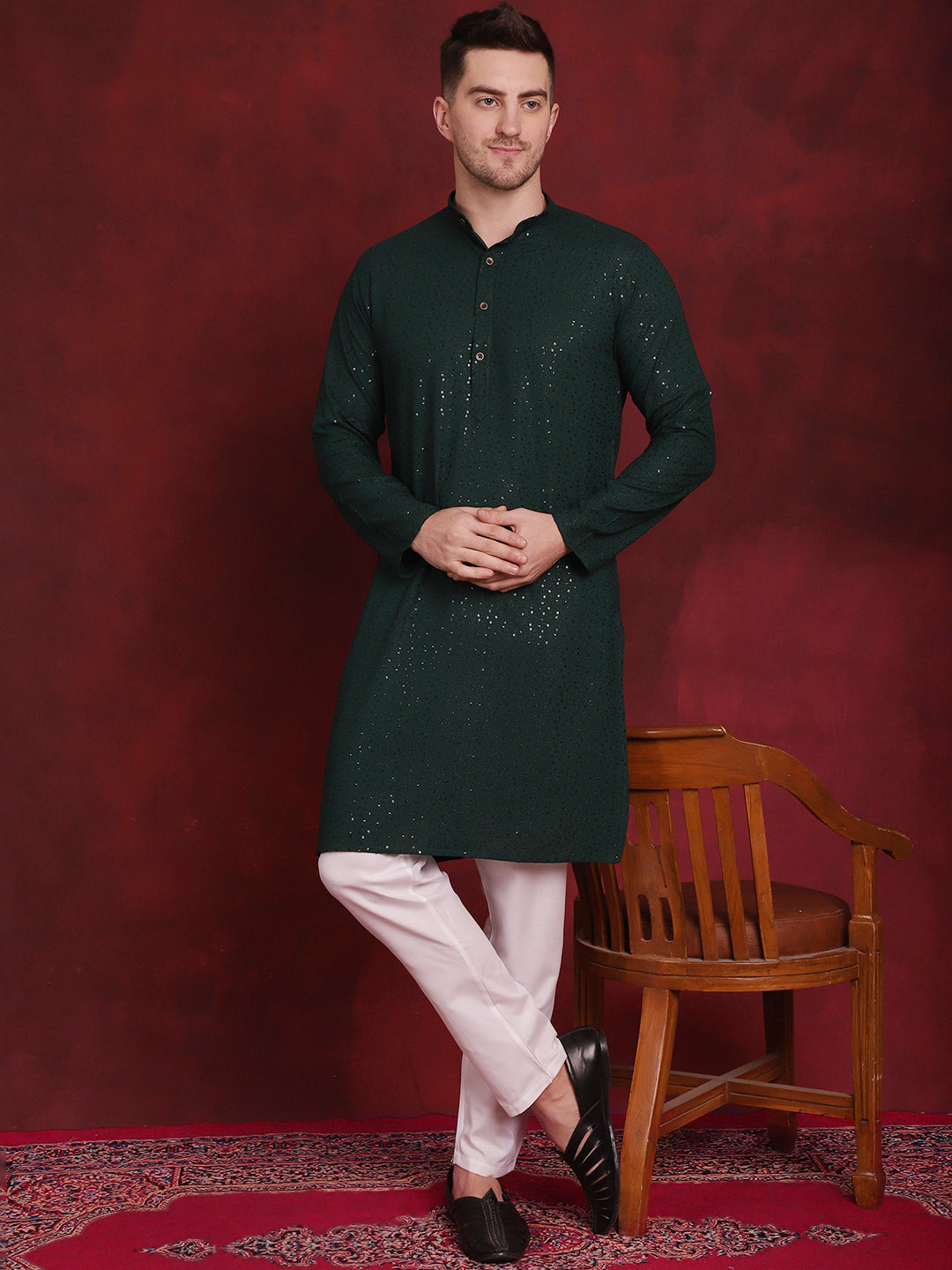 Jompers Men's Sequins Chikankari Kurta with Pyjama - Olive