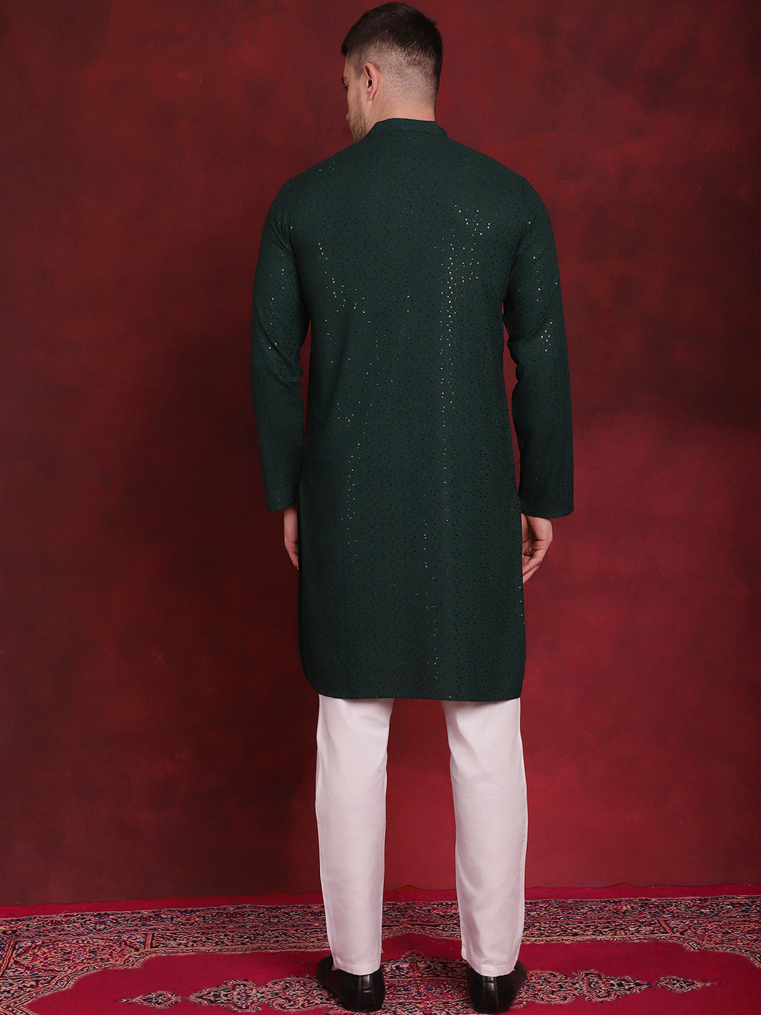 Jompers Men's Sequins Chikankari Kurta with Pyjama - Olive