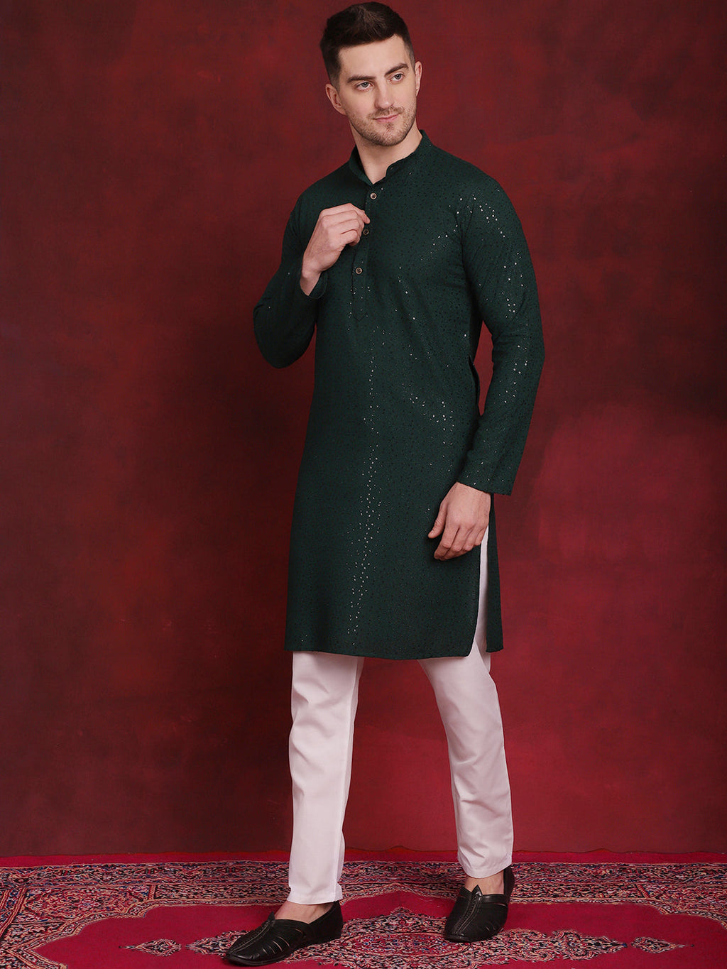 Jompers Men's Sequins Chikankari Kurta with Pyjama - Olive