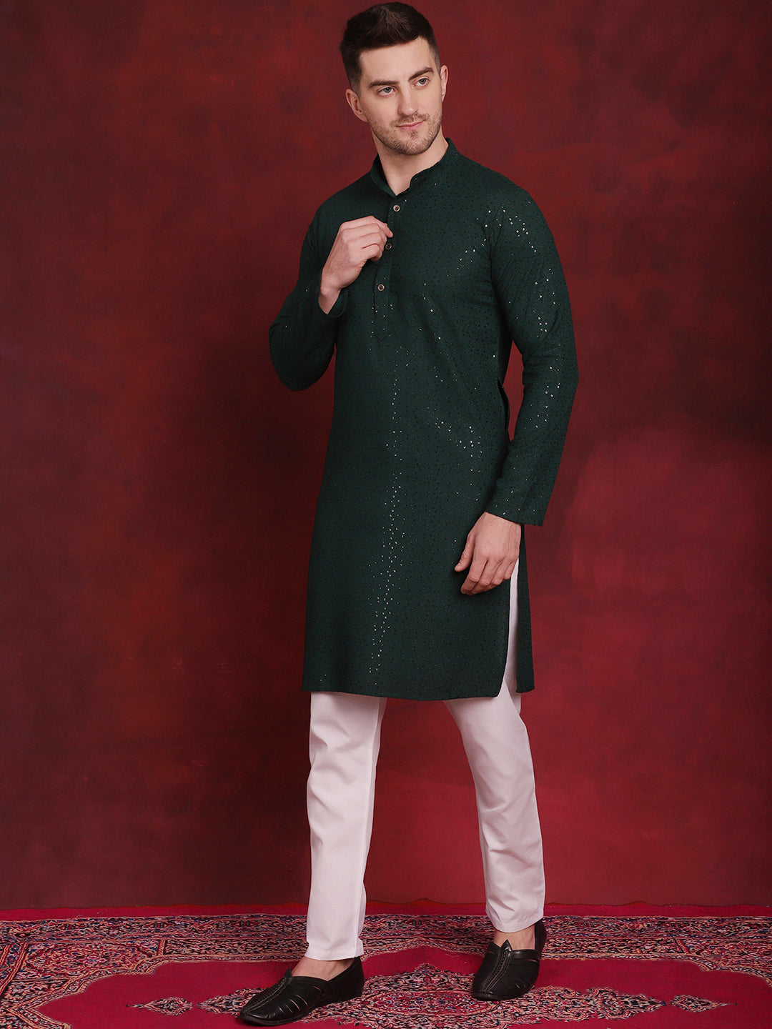 Jompers Men's Sequins Chikankari Kurta with Pyjama - Olive