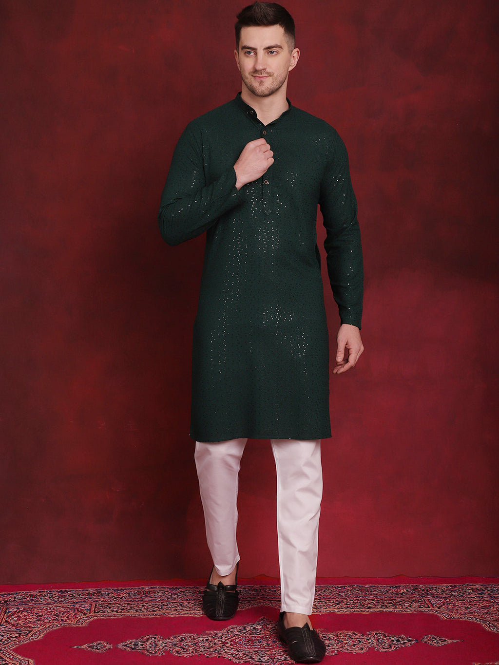 Jompers Men's Sequins Chikankari Kurta with Pyjama - Olive