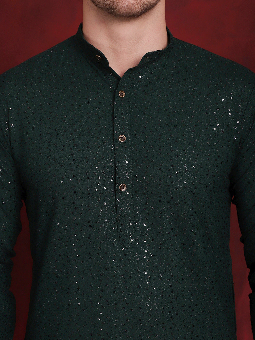 Jompers Men's Sequins Chikankari Kurta with Pyjama - Olive