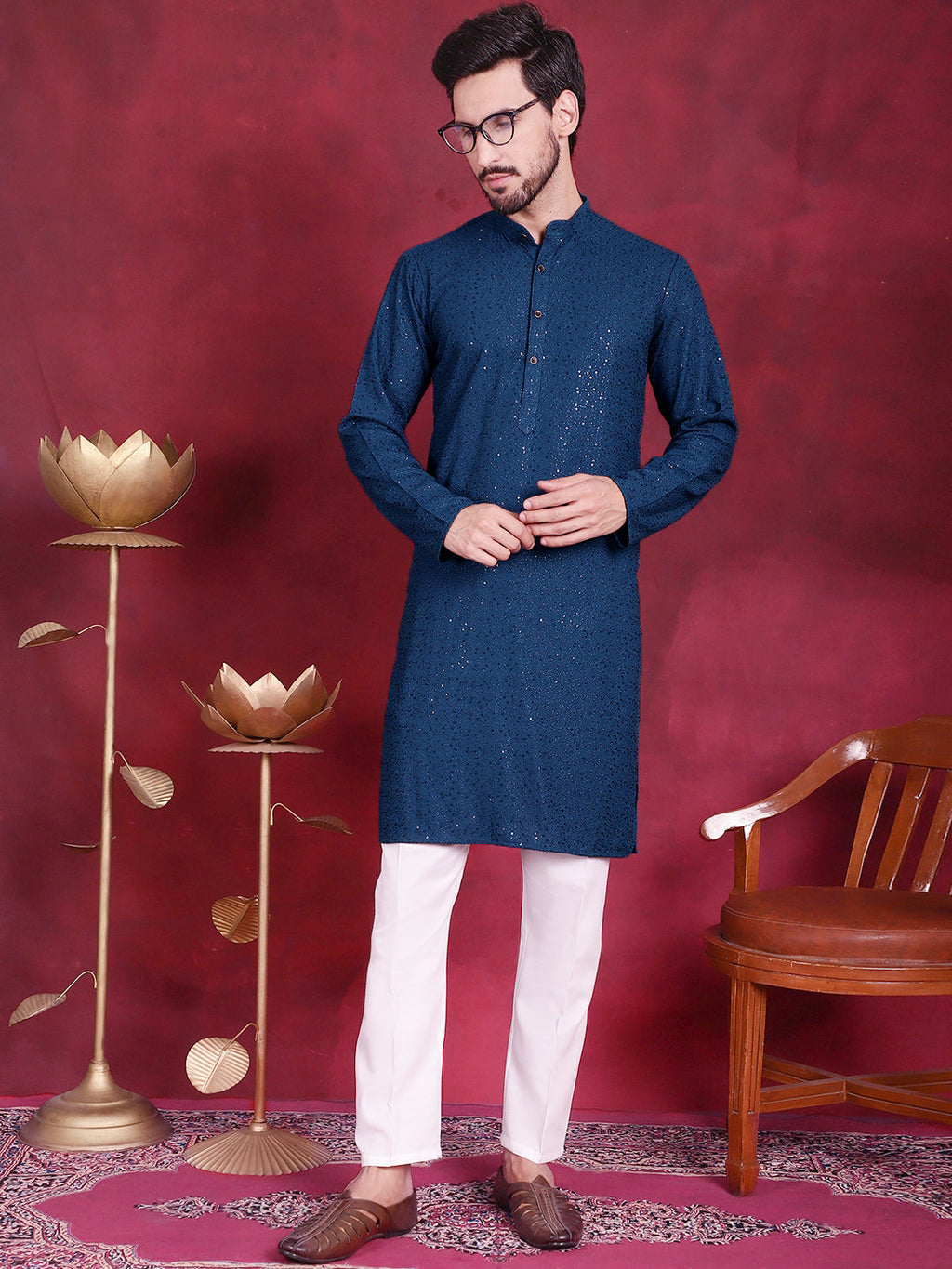 Jompers Men's Sequins Chikankari Kurta with Pyjama - Peacock