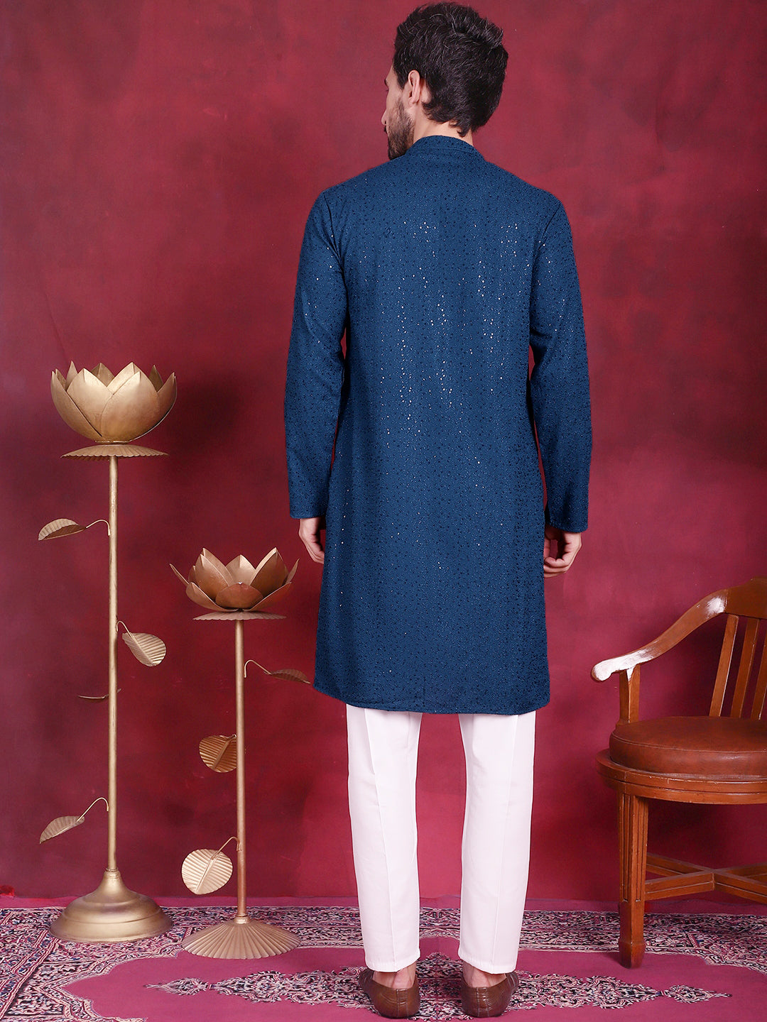 Jompers Men's Sequins Chikankari Kurta with Pyjama - Peacock