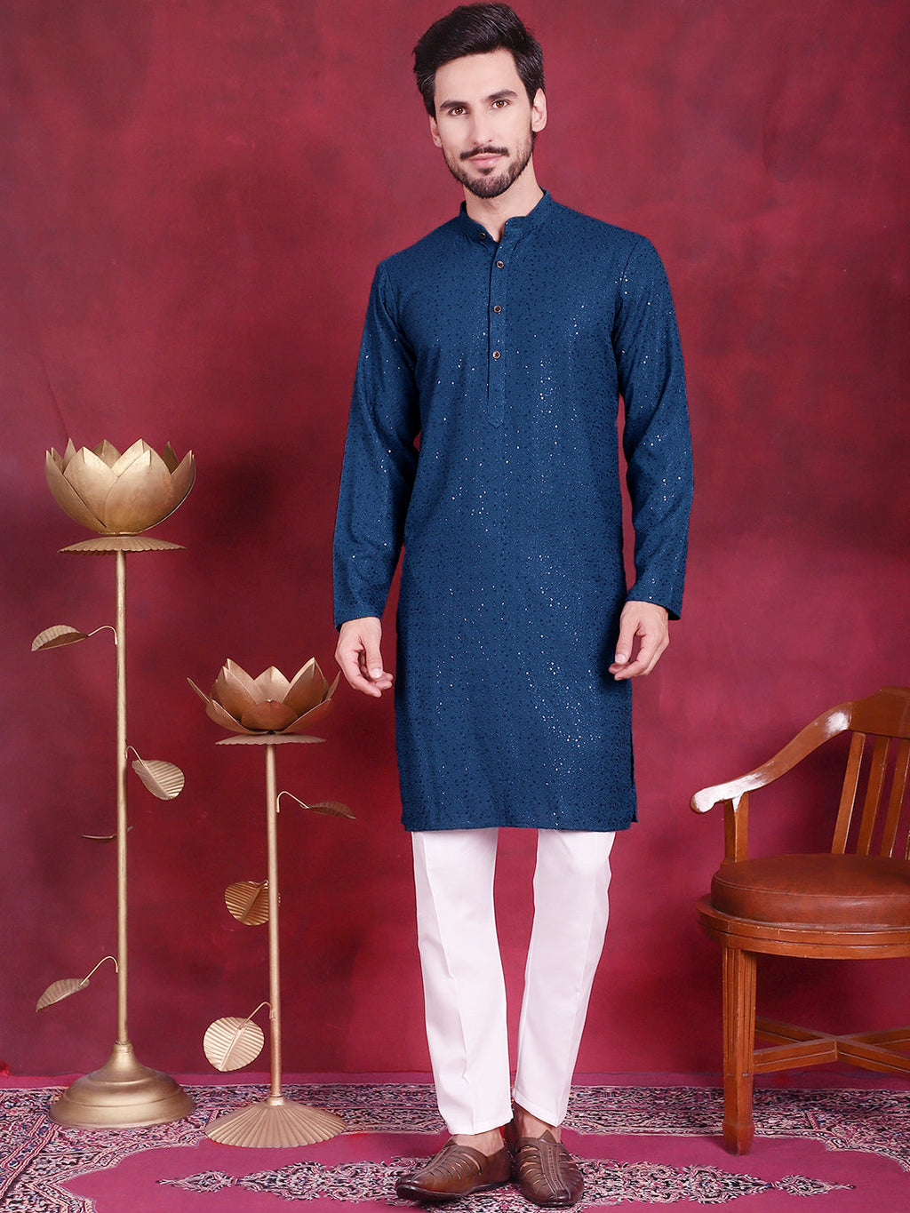 Jompers Men's Sequins Chikankari Kurta with Pyjama - Peacock