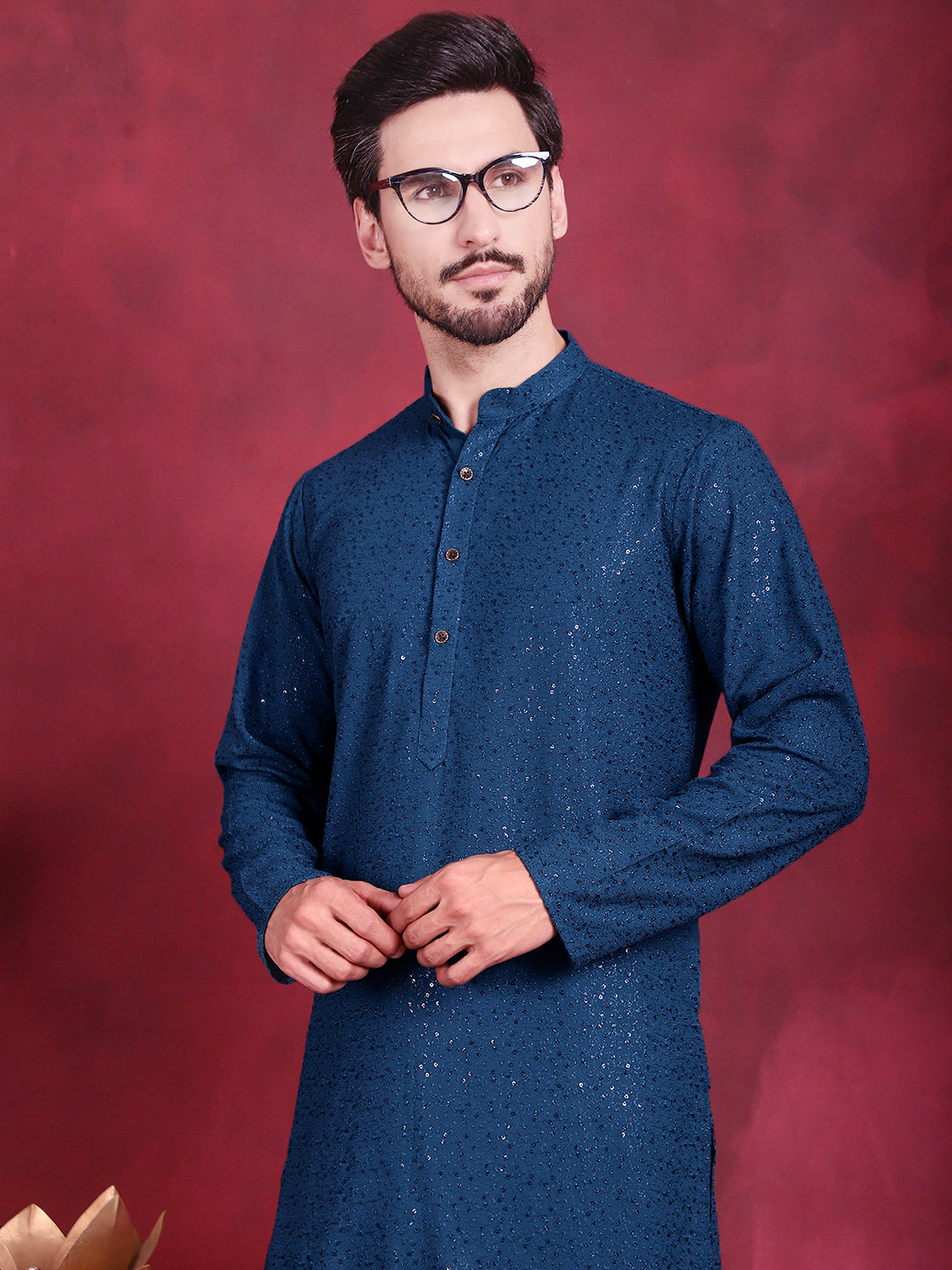 Jompers Men's Sequins Chikankari Kurta with Pyjama - Peacock