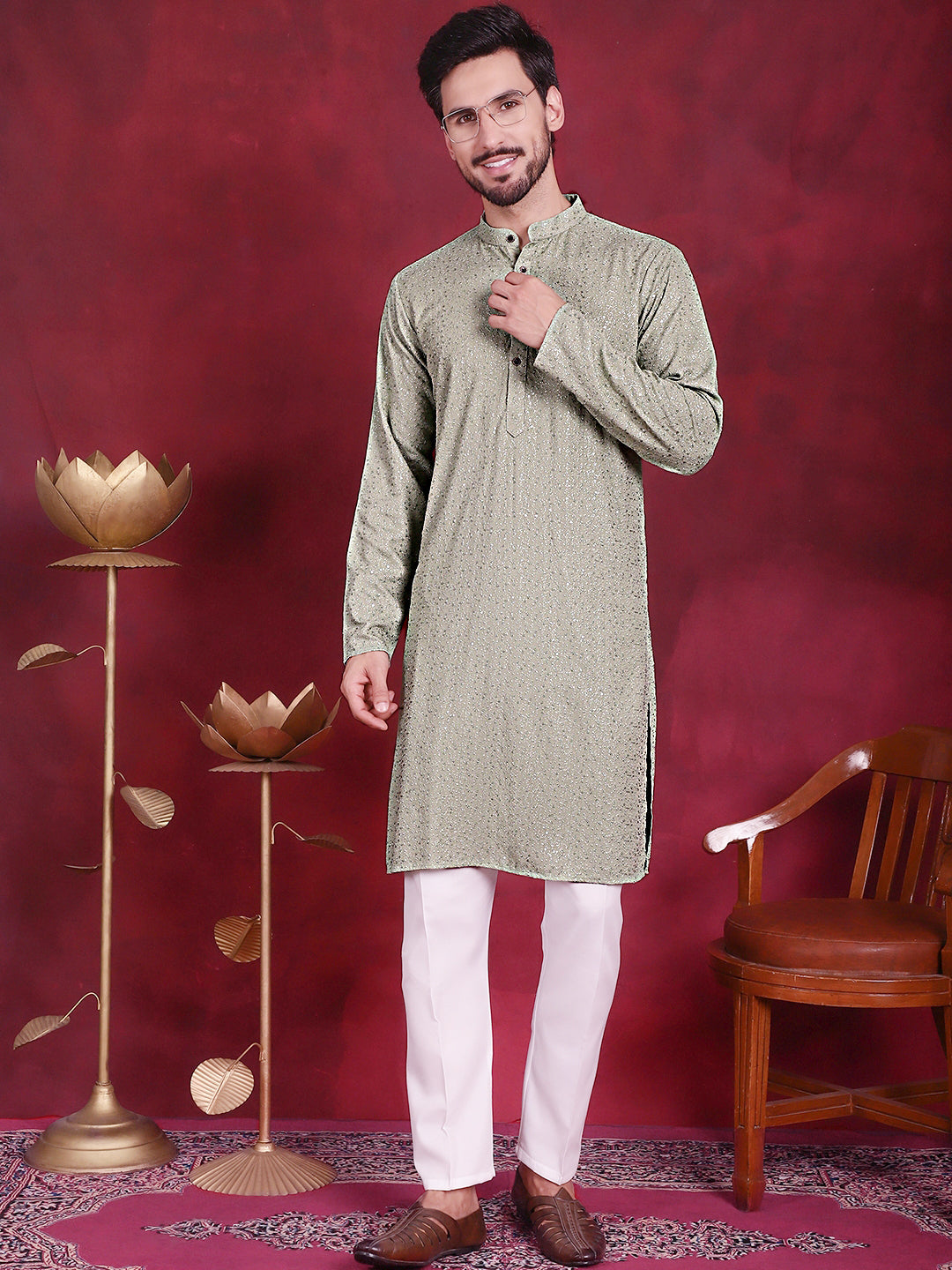 Jompers Men's Sequins Chikankari Kurta with Pyjama - Pista
