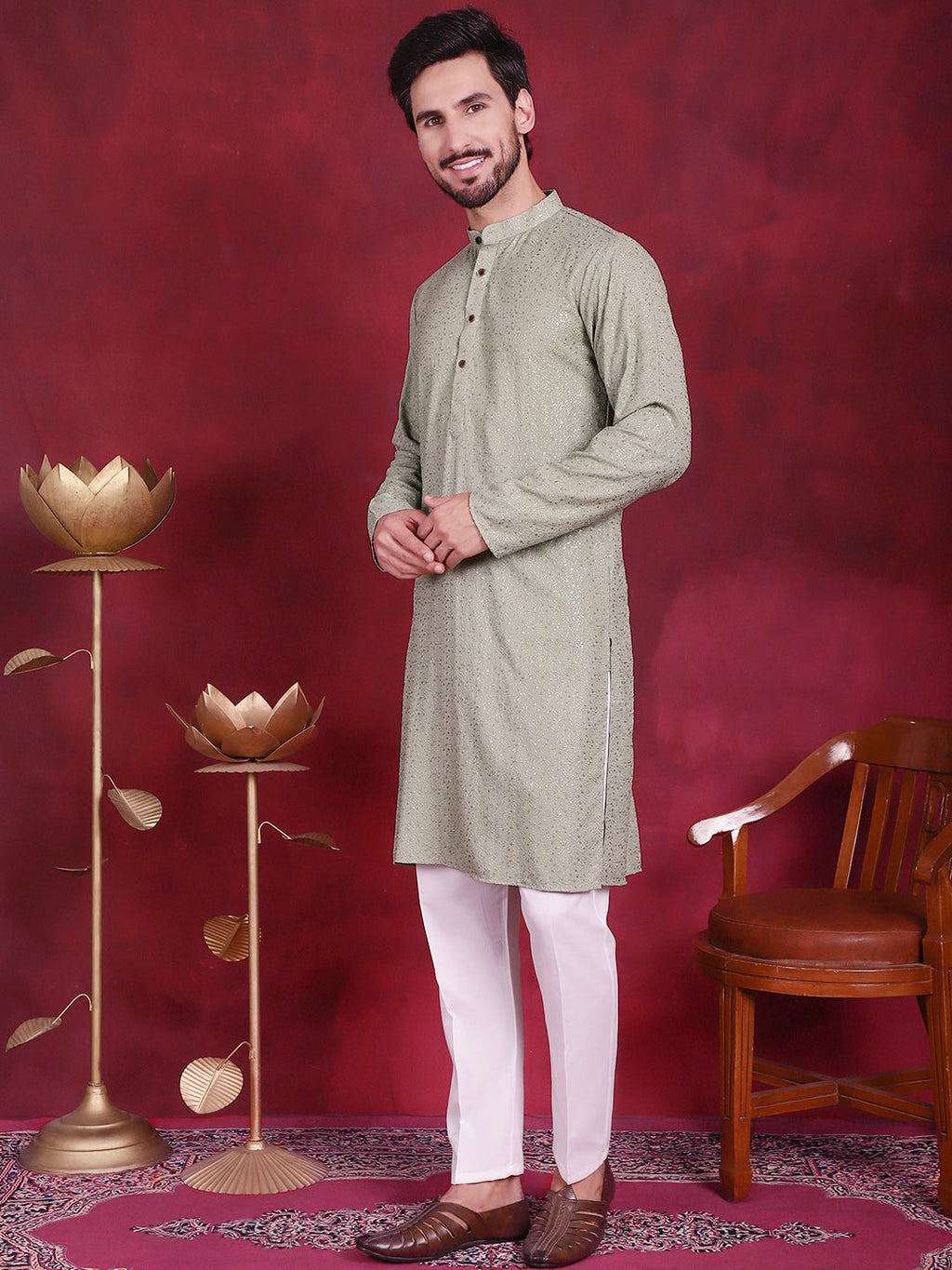 Jompers Men's Sequins Chikankari Kurta with Pyjama - Pista