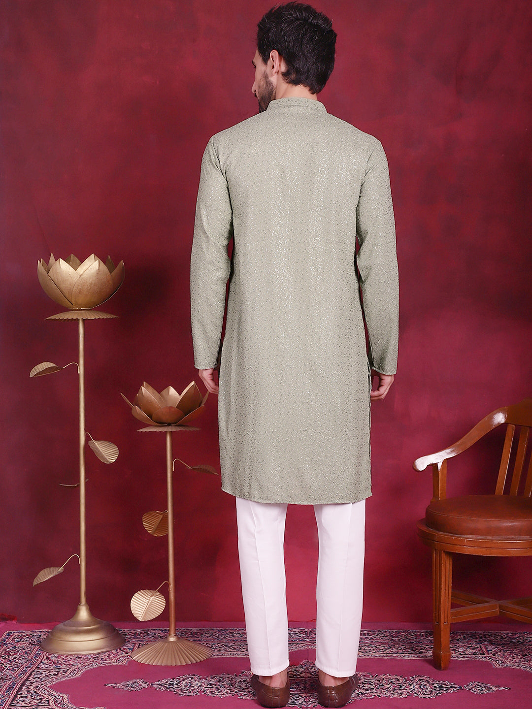 Jompers Men's Sequins Chikankari Kurta with Pyjama - Pista