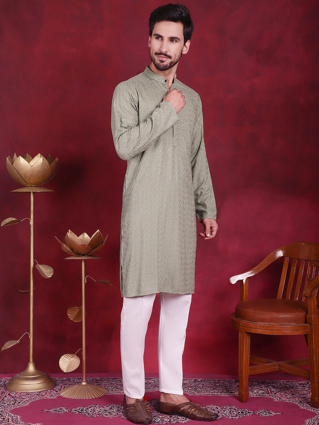 Jompers Men's Sequins Chikankari Kurta with Pyjama - Pista