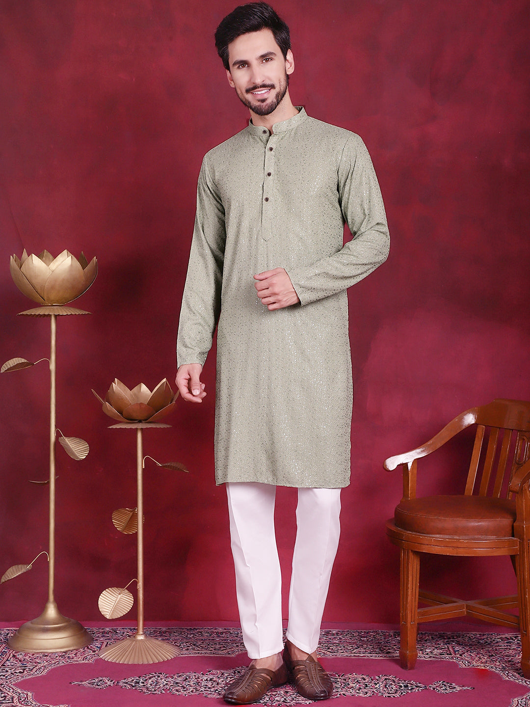 Jompers Men's Sequins Chikankari Kurta with Pyjama - Pista