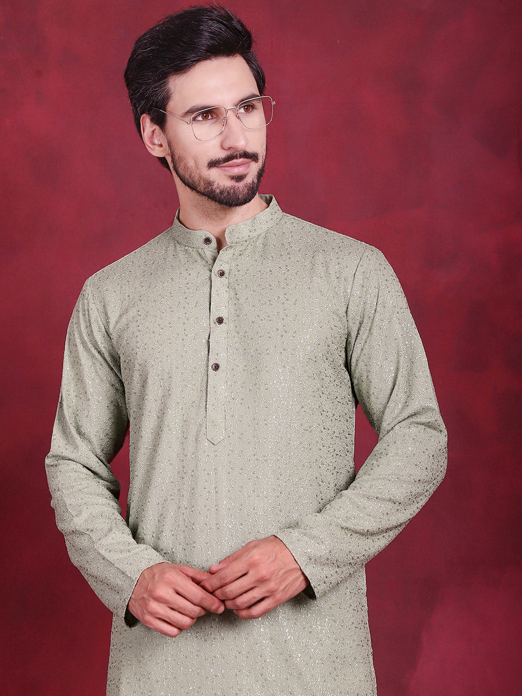 Jompers Men's Sequins Chikankari Kurta with Pyjama - Pista