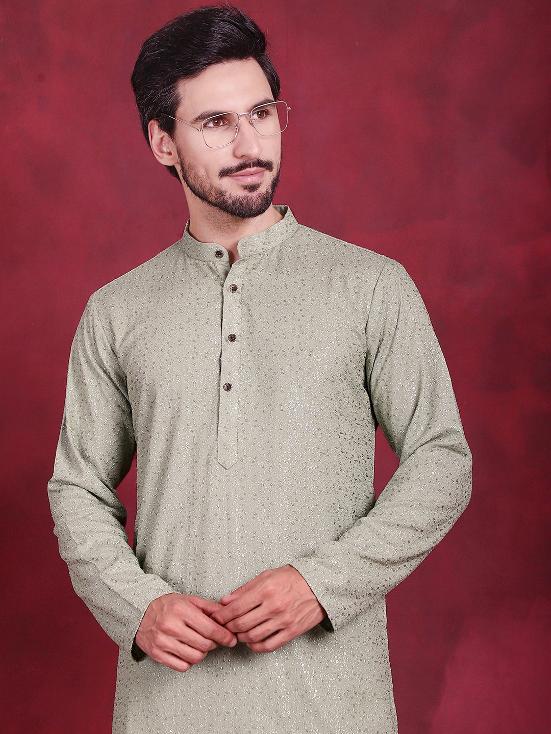 Jompers Men's Sequins Chikankari Kurta with Pyjama - Pista