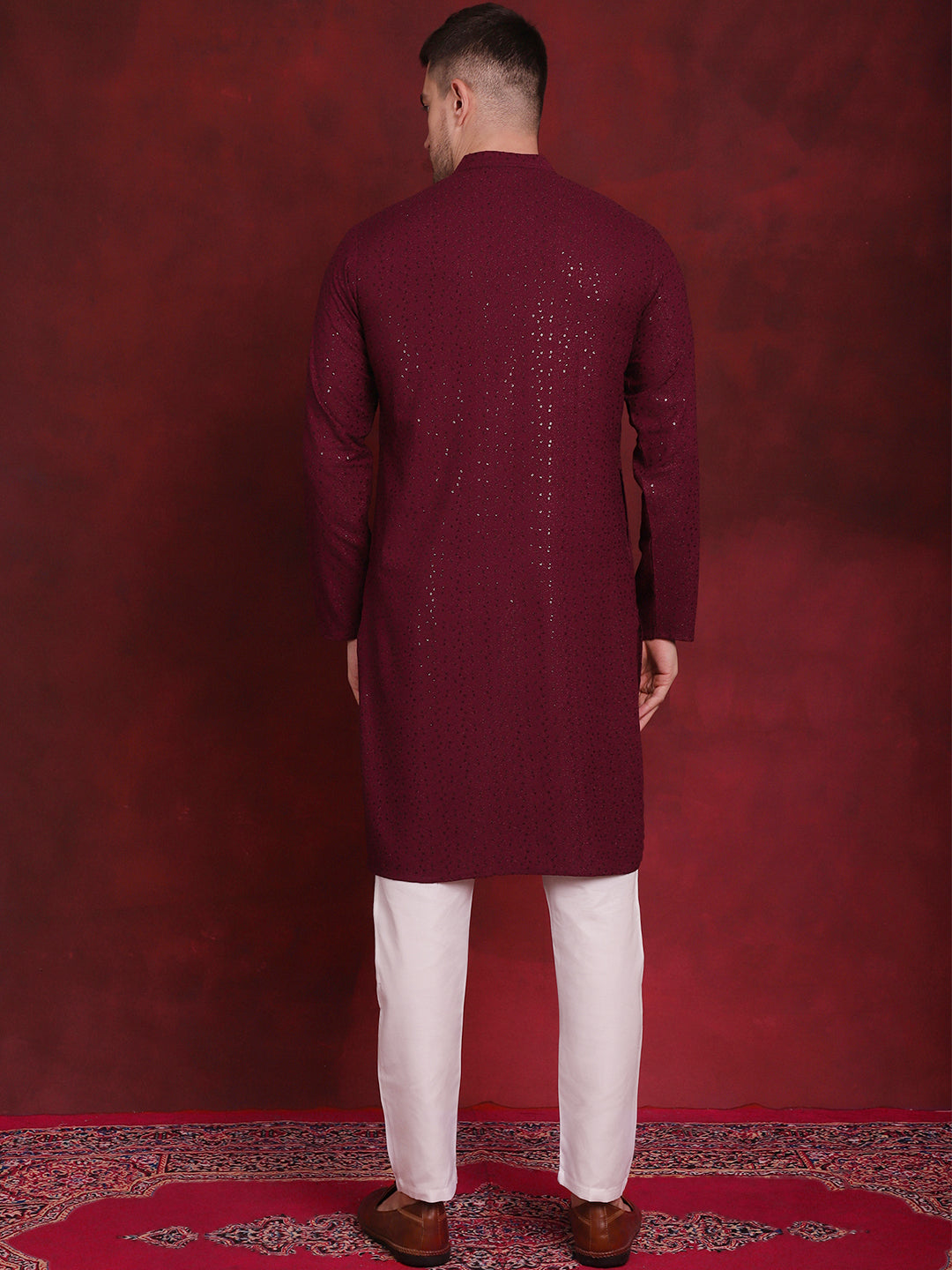 Jompers Men's Sequins Chikankari Kurta with Pyjama - Purple