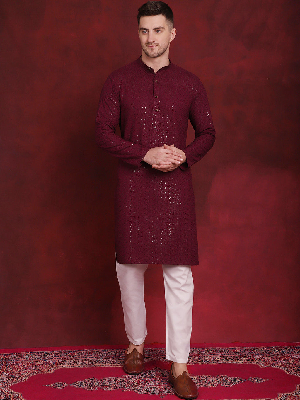 Jompers Men's Sequins Chikankari Kurta with Pyjama - Purple