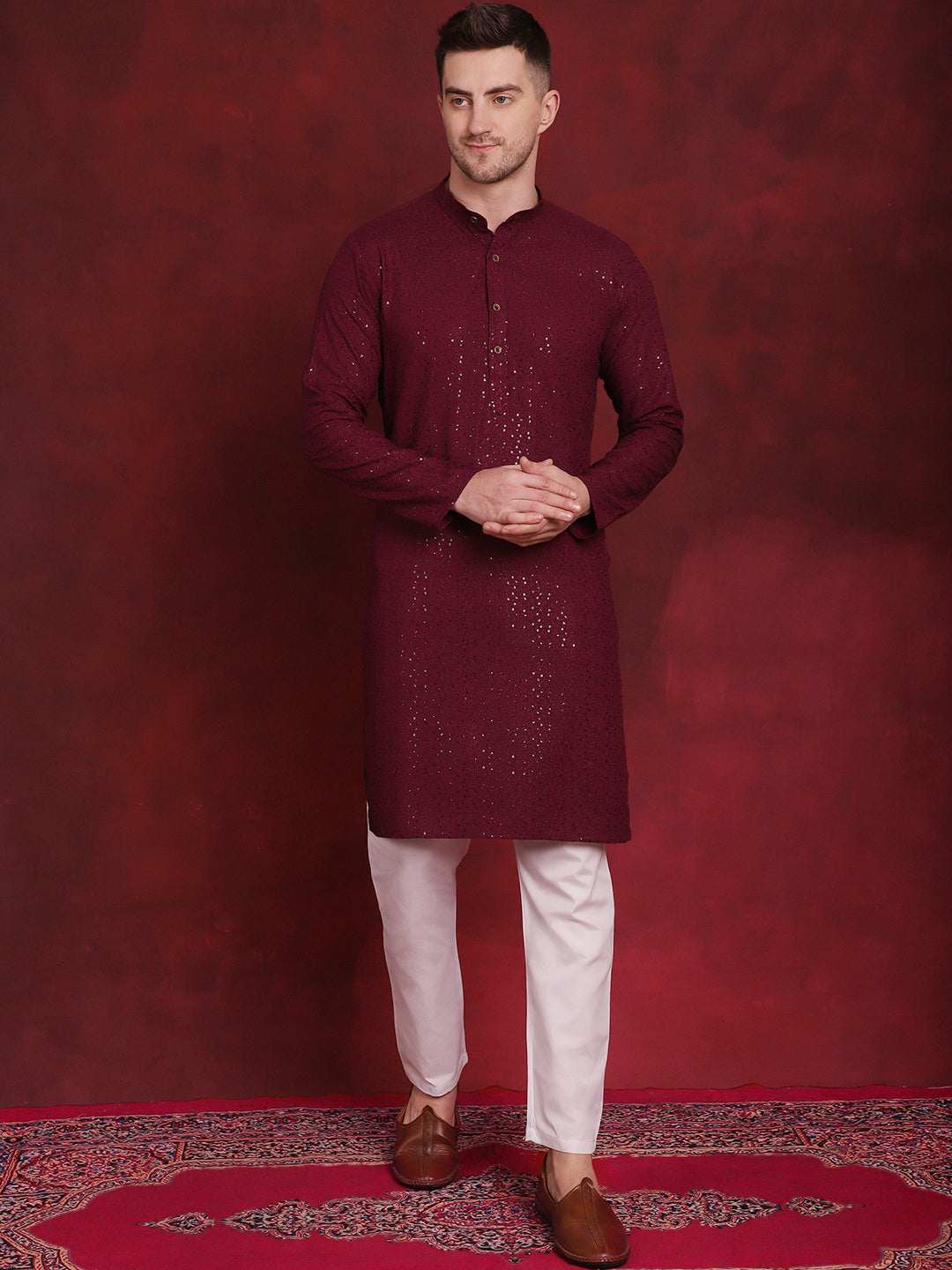 Jompers Men's Sequins Chikankari Kurta with Pyjama - Purple