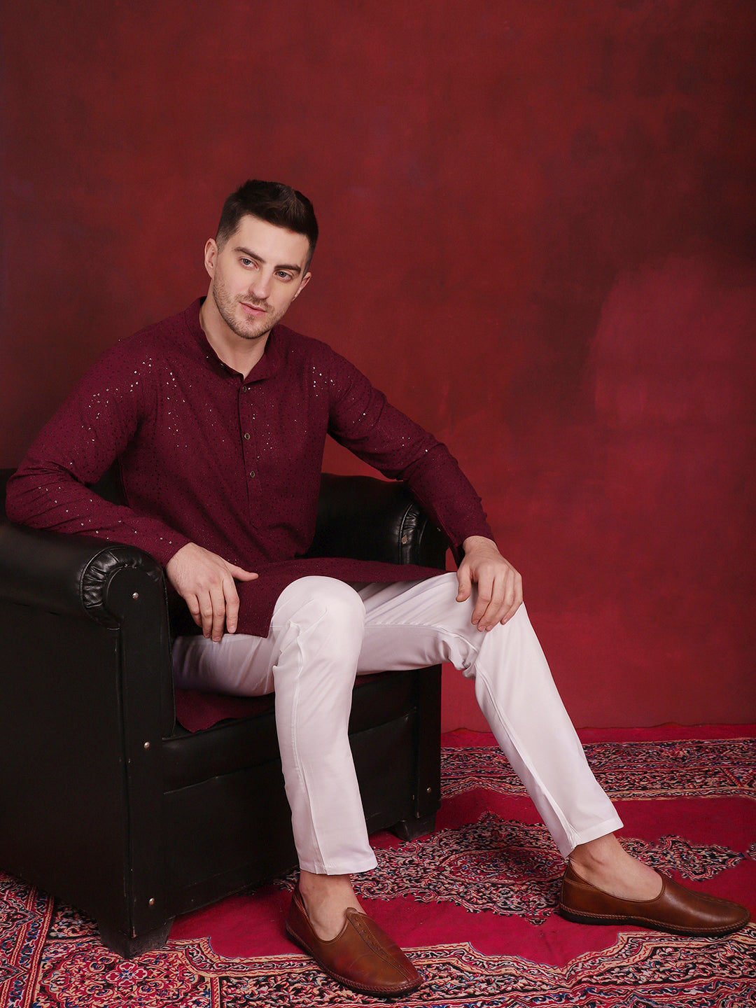 Jompers Men's Sequins Chikankari Kurta with Pyjama - Purple