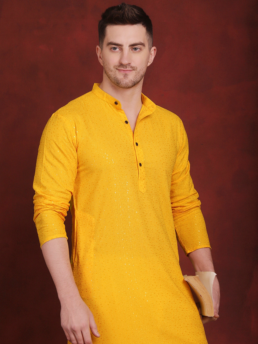 Jompers Men's Sequins Chikankari Kurta with Pyjama - Yellow