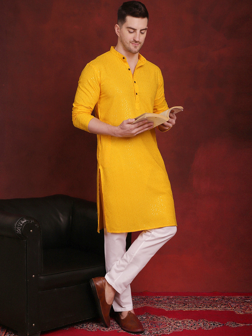 Jompers Men's Sequins Chikankari Kurta with Pyjama - Yellow