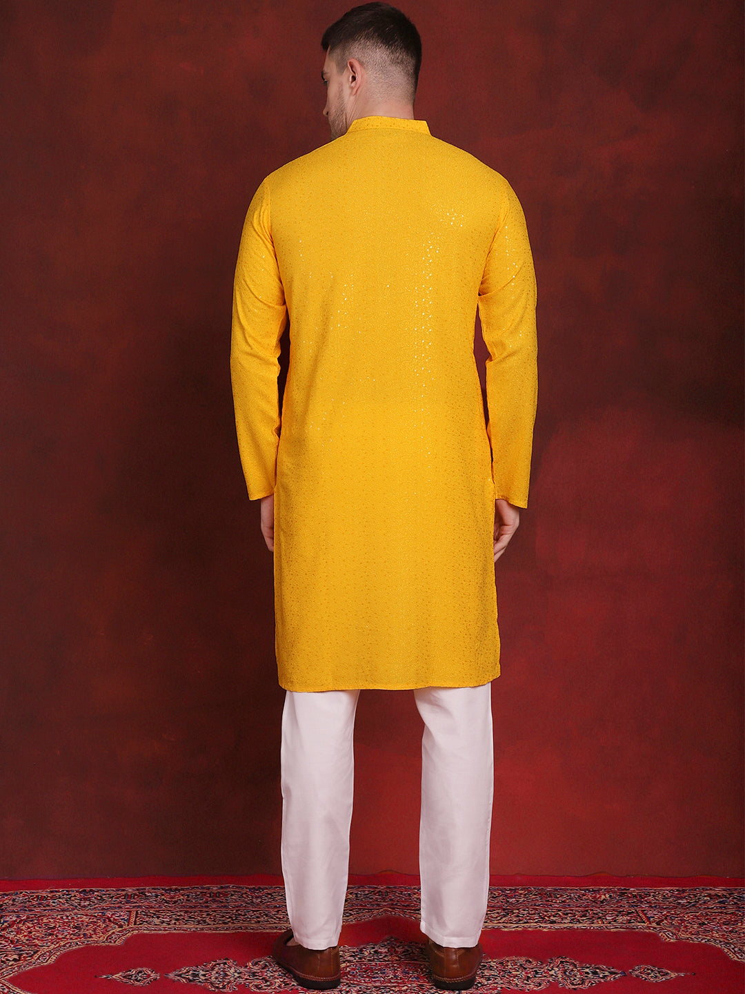Jompers Men's Sequins Chikankari Kurta with Pyjama - Yellow