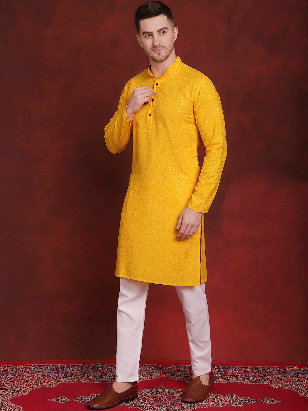 Jompers Men's Sequins Chikankari Kurta with Pyjama - Yellow