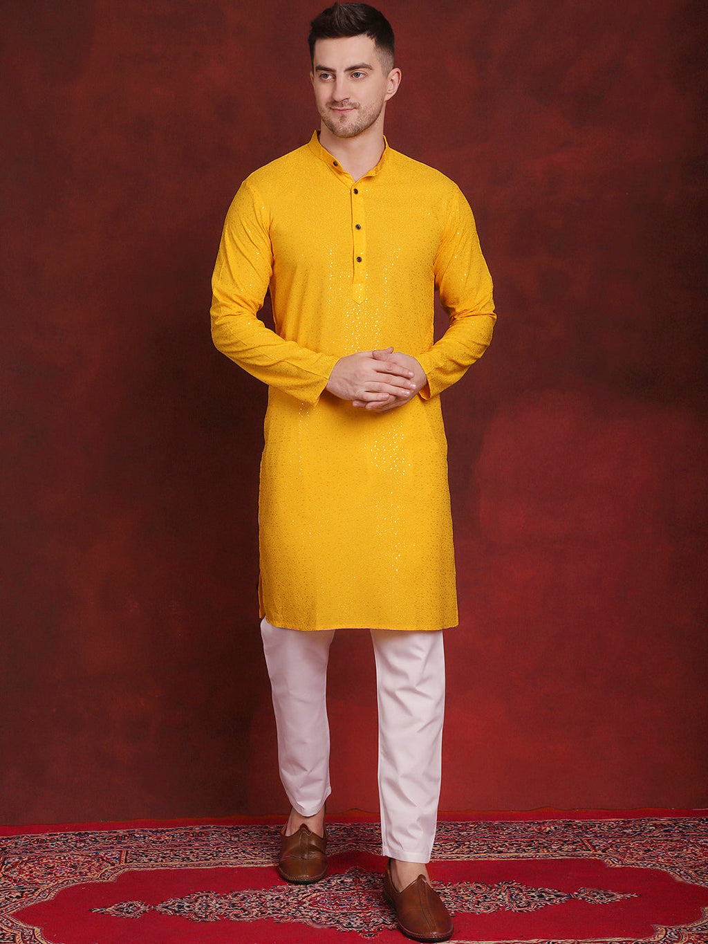 Jompers Men's Sequins Chikankari Kurta with Pyjama - Yellow