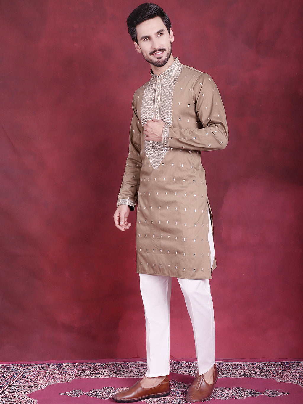Jompers Men's Sequins Embroidered Kurta Pyjama Set - Beige