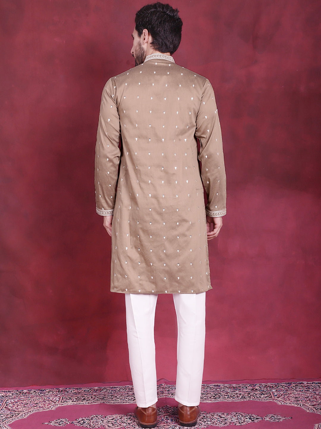 Jompers Men's Sequins Embroidered Kurta Pyjama Set - Beige