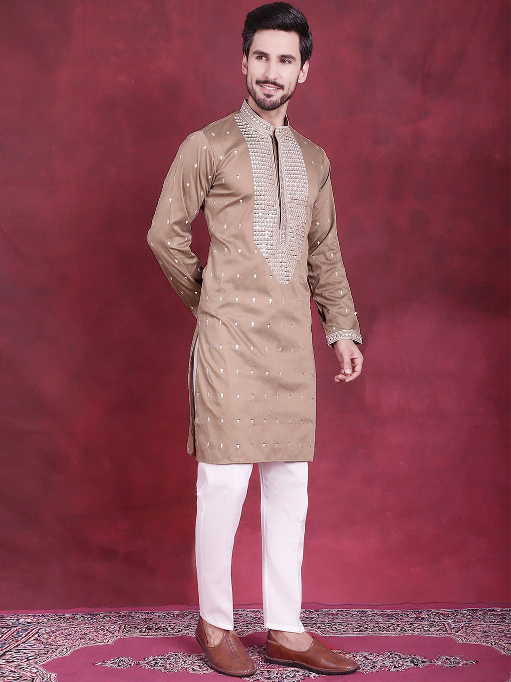 Jompers Men's Sequins Embroidered Kurta Pyjama Set - Beige