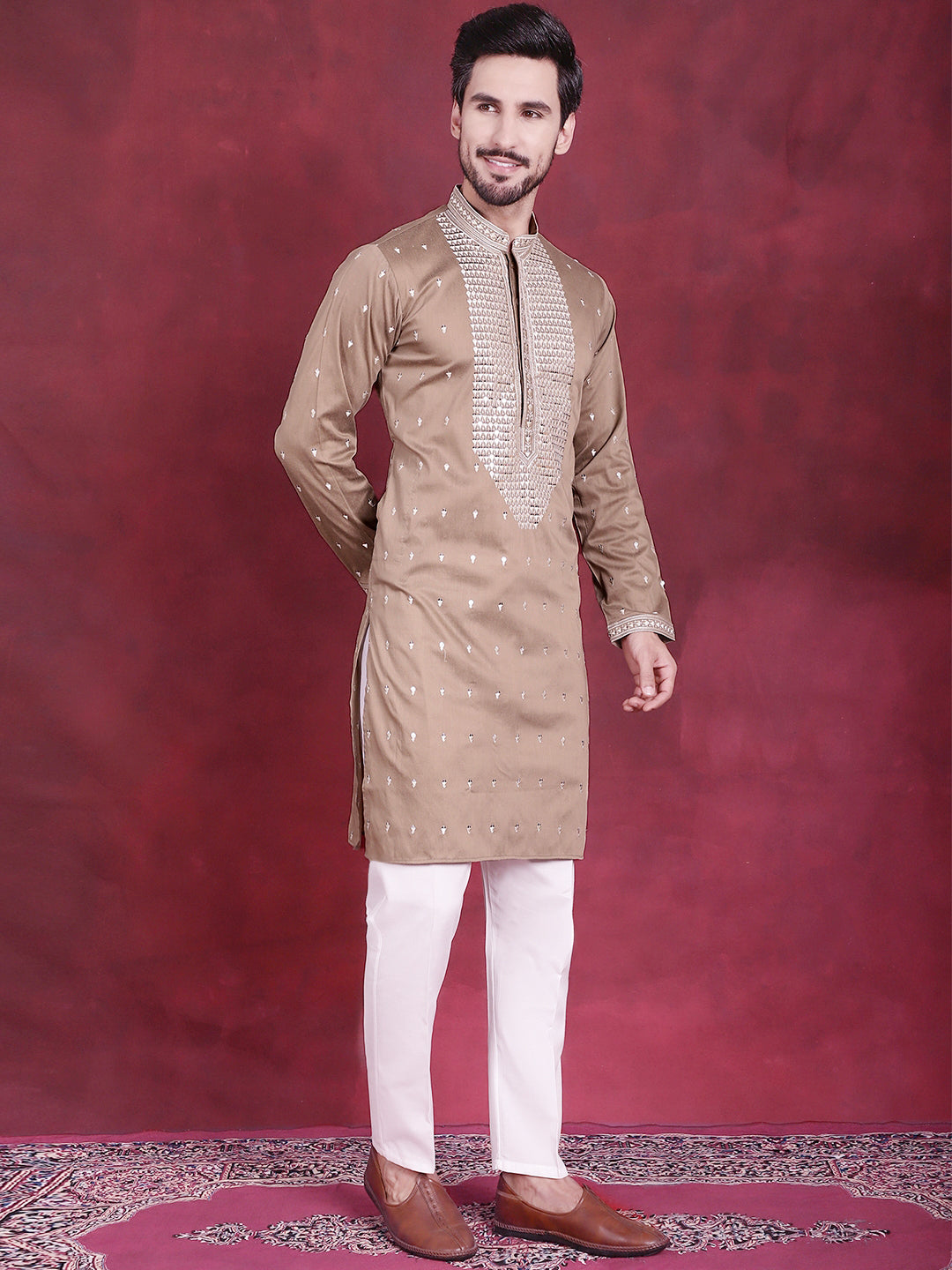 Jompers Men's Sequins Embroidered Kurta Pyjama Set - Beige