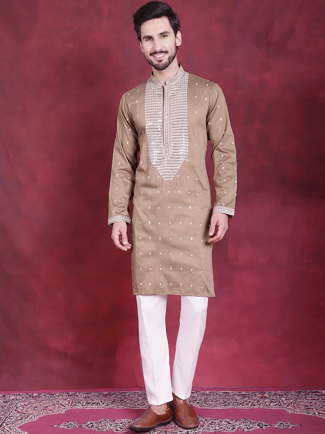 Jompers Men's Sequins Embroidered Kurta Pyjama Set - Beige