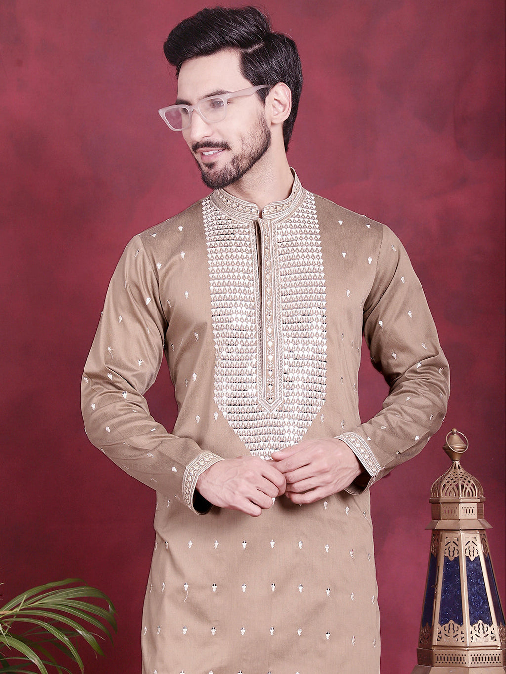 Jompers Men's Sequins Embroidered Kurta Pyjama Set - Beige