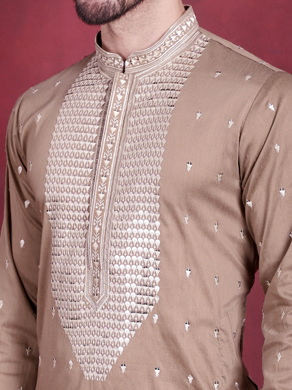 Jompers Men's Sequins Embroidered Kurta Pyjama Set - Beige