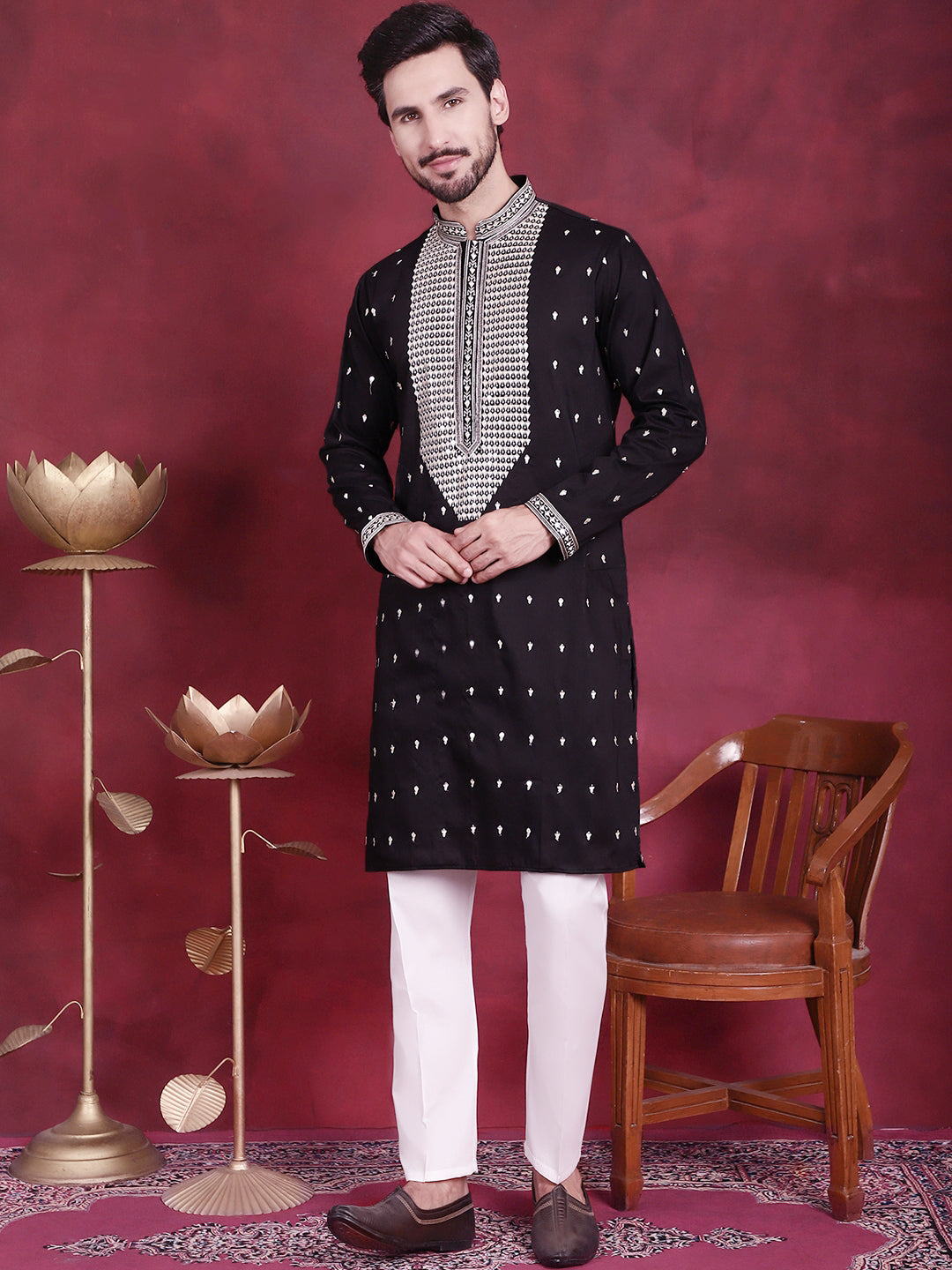 Jompers Men's Sequins Embroidered Kurta Pyjama Set - Black