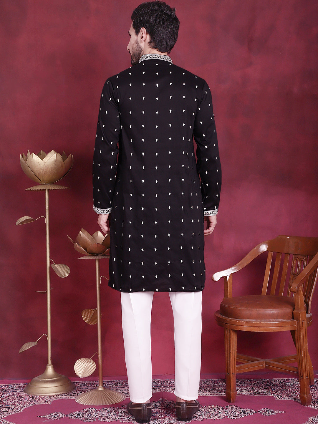 Jompers Men's Sequins Embroidered Kurta Pyjama Set - Black