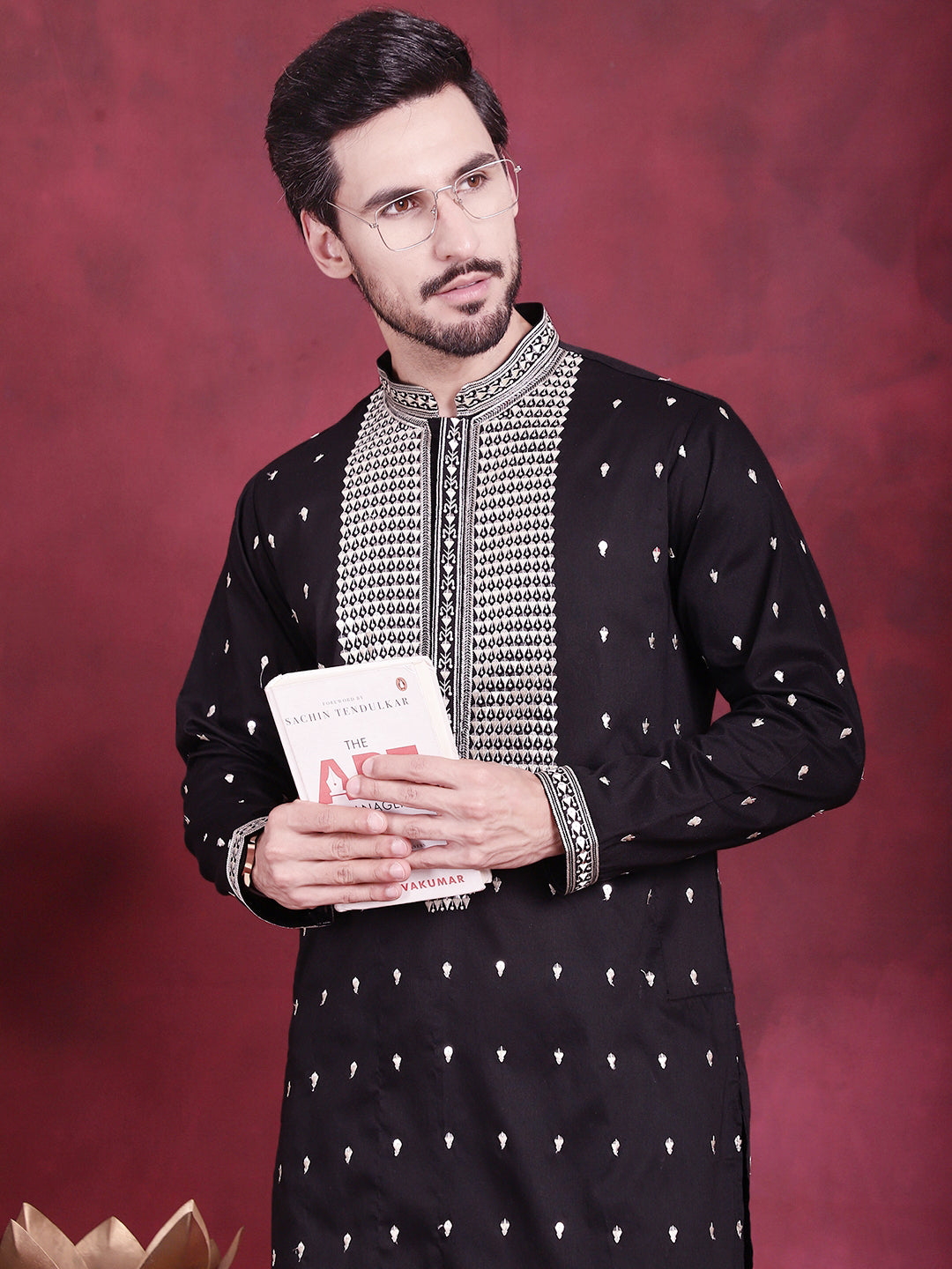 Jompers Men's Sequins Embroidered Kurta Pyjama Set - Black