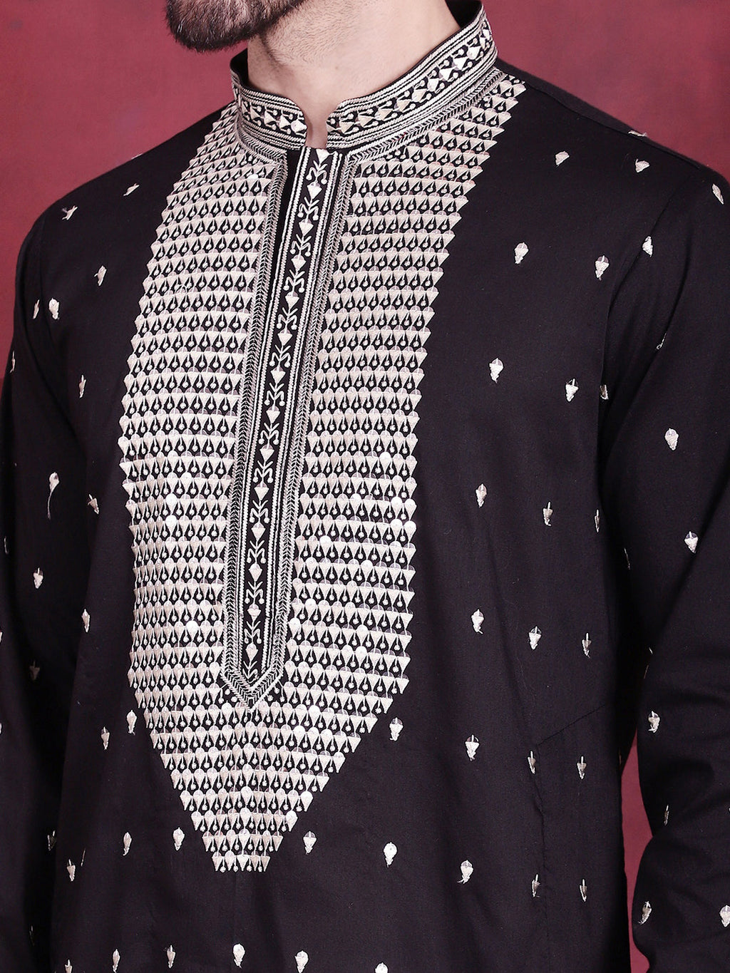 Jompers Men's Sequins Embroidered Kurta Pyjama Set - Black