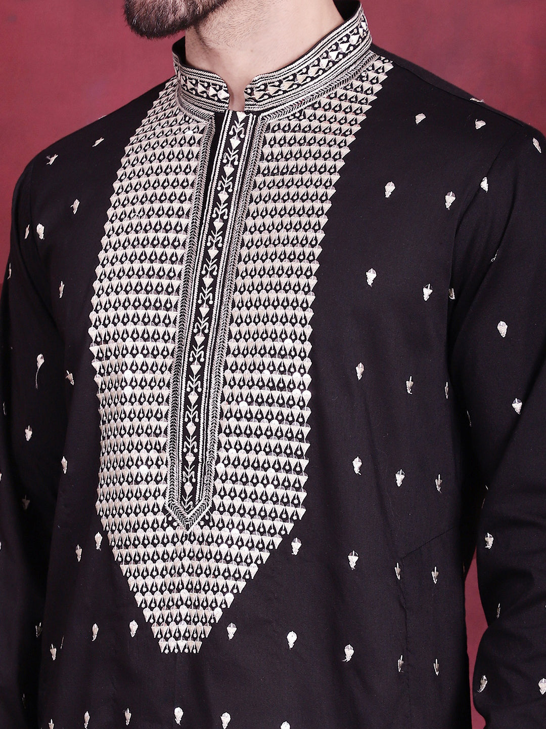 Jompers Men's Sequins Embroidered Kurta Pyjama Set - Black