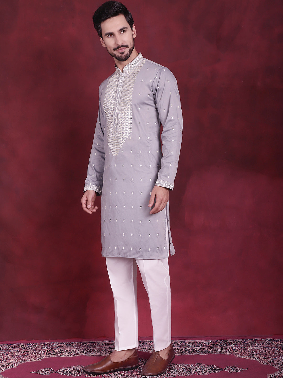 Jompers Men's Sequins Embroidered Kurta Pyjama Set - Grey