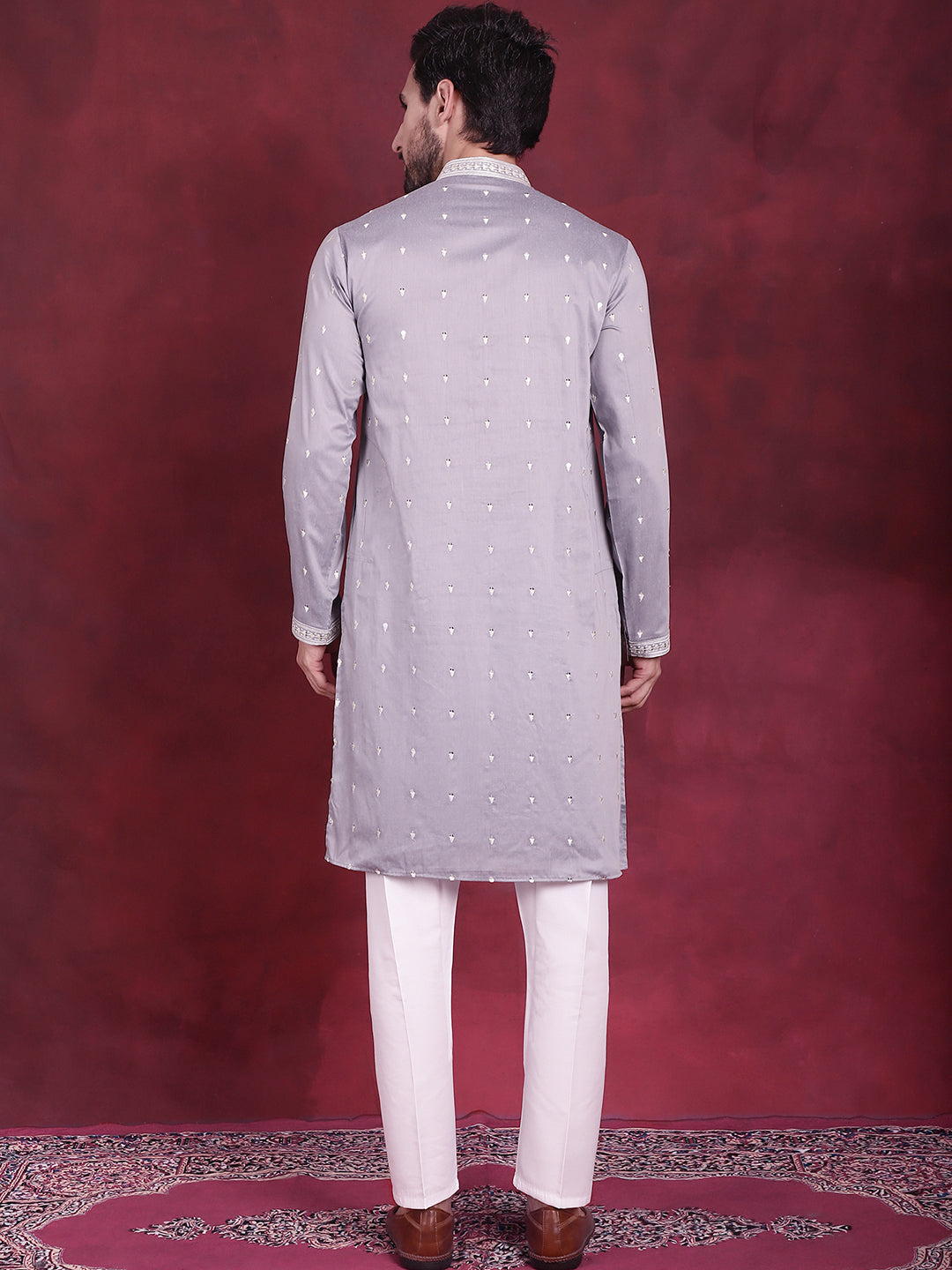 Jompers Men's Sequins Embroidered Kurta Pyjama Set - Grey